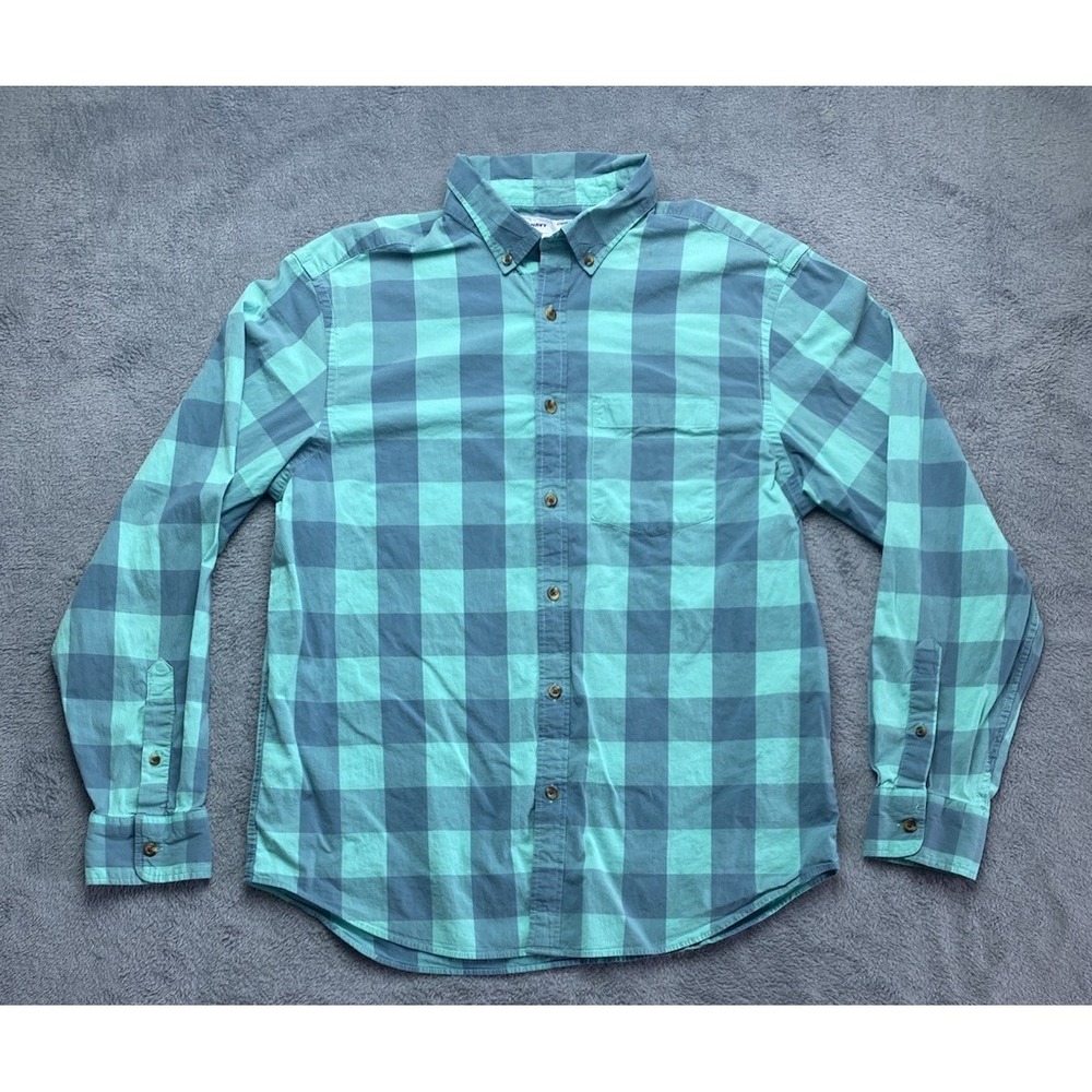 Old Navy Teal/Blue/Green Plaid Button Down Shirt Mens Regular Sz L